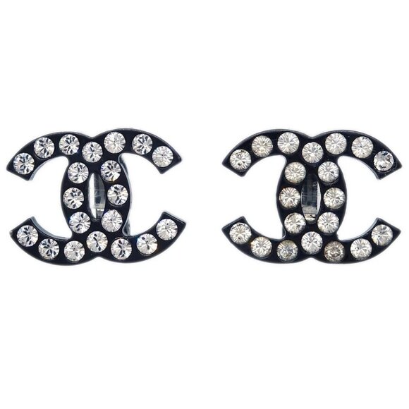 Chanel CC Earrings Clip-On Silver Black Rhinestone - Picture 1 of 4